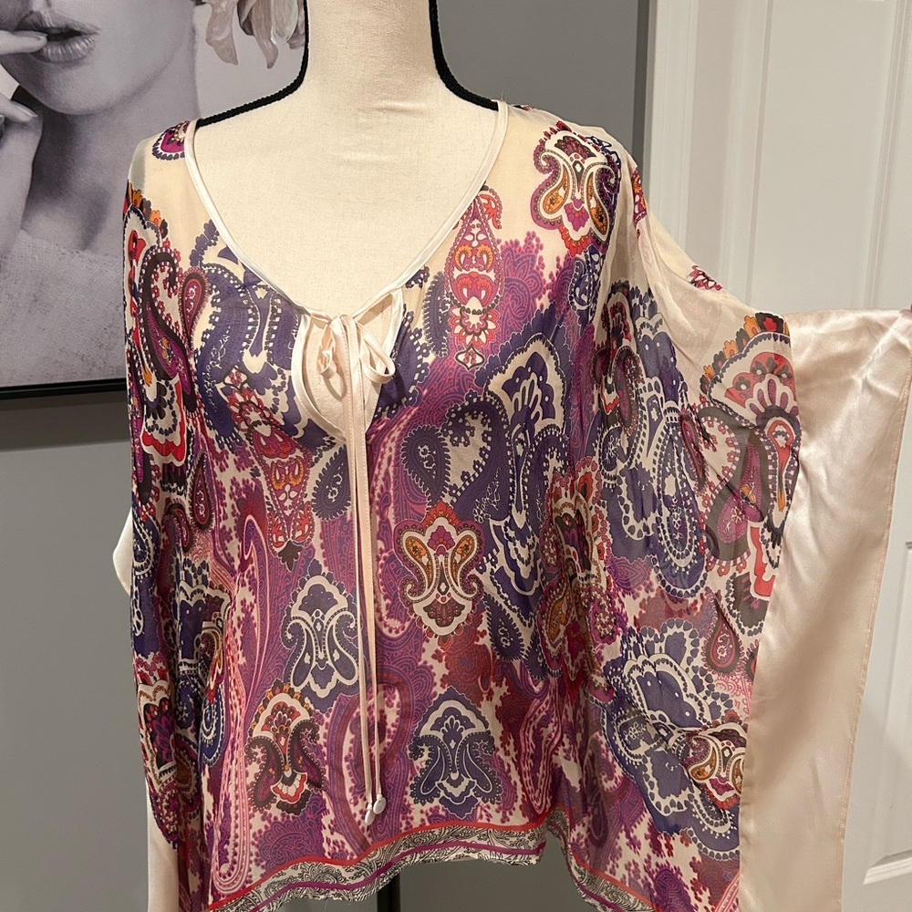Karen Kane Sheer Paisley Tie-Front Blouse in Cream and Purple